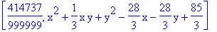 [414737/999999, x^2+1/3*x*y+y^2-28/3*x-28/3*y+85/3]